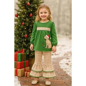 🎄 Girls 2-Piece Christmas Outfit –‎ Dog with Santa Hat & Lights – Size 5T/6T